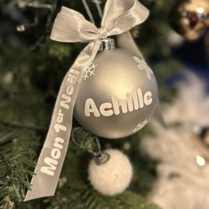 Boule de Noël personnalisée au prénom, ruban « Mon 1er Noël »