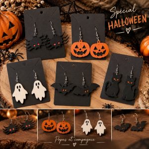Les cinq modeles de boucles d oreilles Halloween en bois
